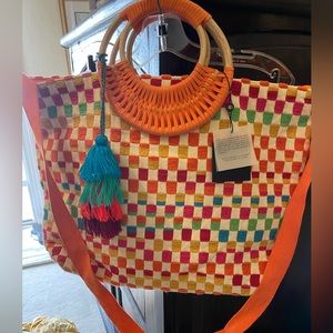 BNWT America & Beyond SUNSHINE UPCYCLED HANDWOVEN TOTE-ORANGE CANE HANDLE TOTE